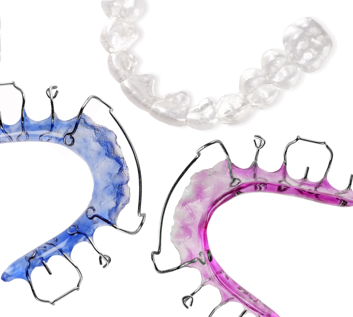 Image of three different types of retainers in a variety of colors, stressing the importance of proper retainer care.